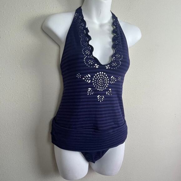 Becca by Rebecca Virtue One Piece Swimsuit‎ M Blue Stripe Halter Laser Cut - Picture 3 of 8